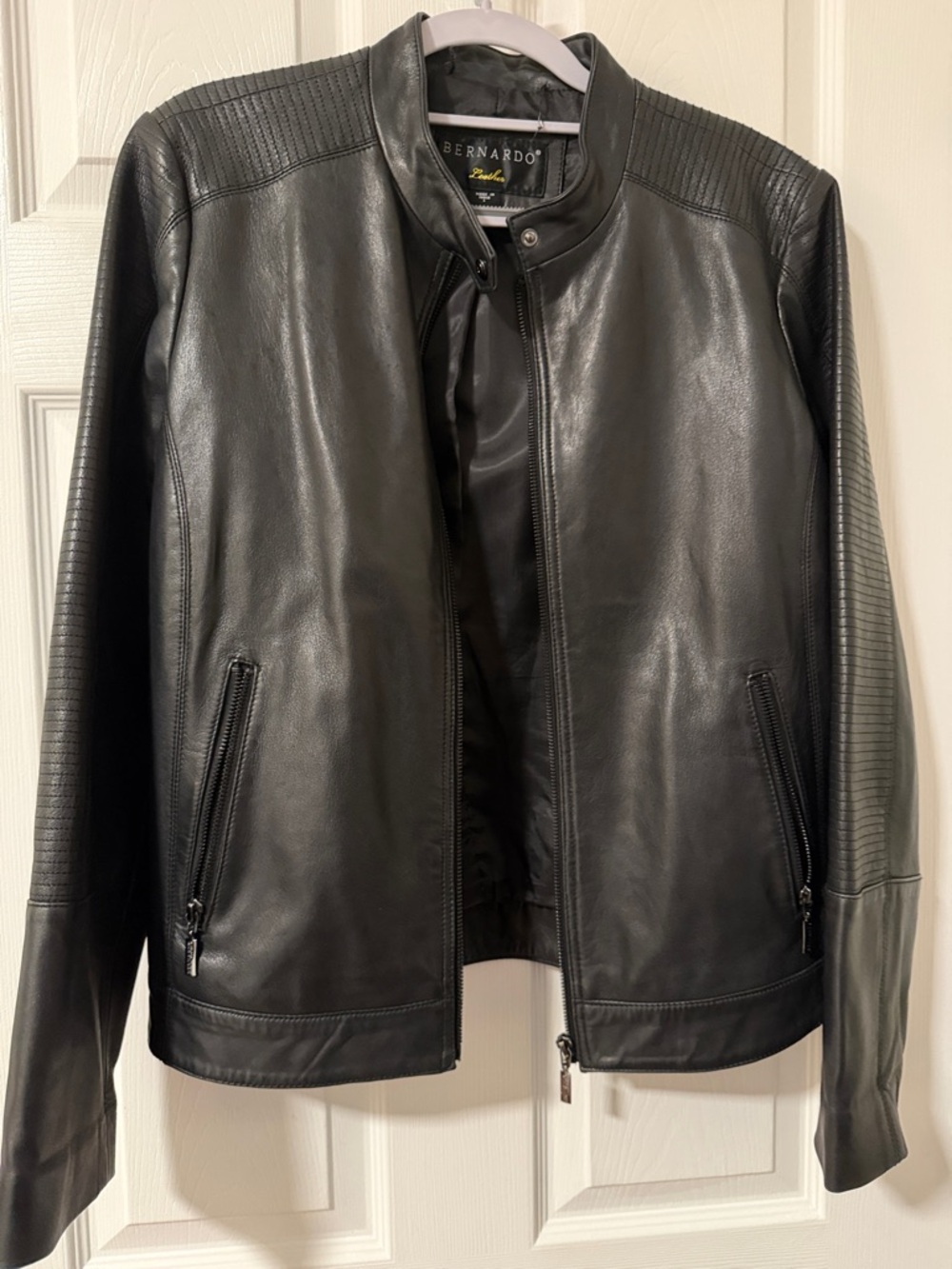 Bernardo Black Leather Bomber Jacket with Ribbed Sleeve Accents